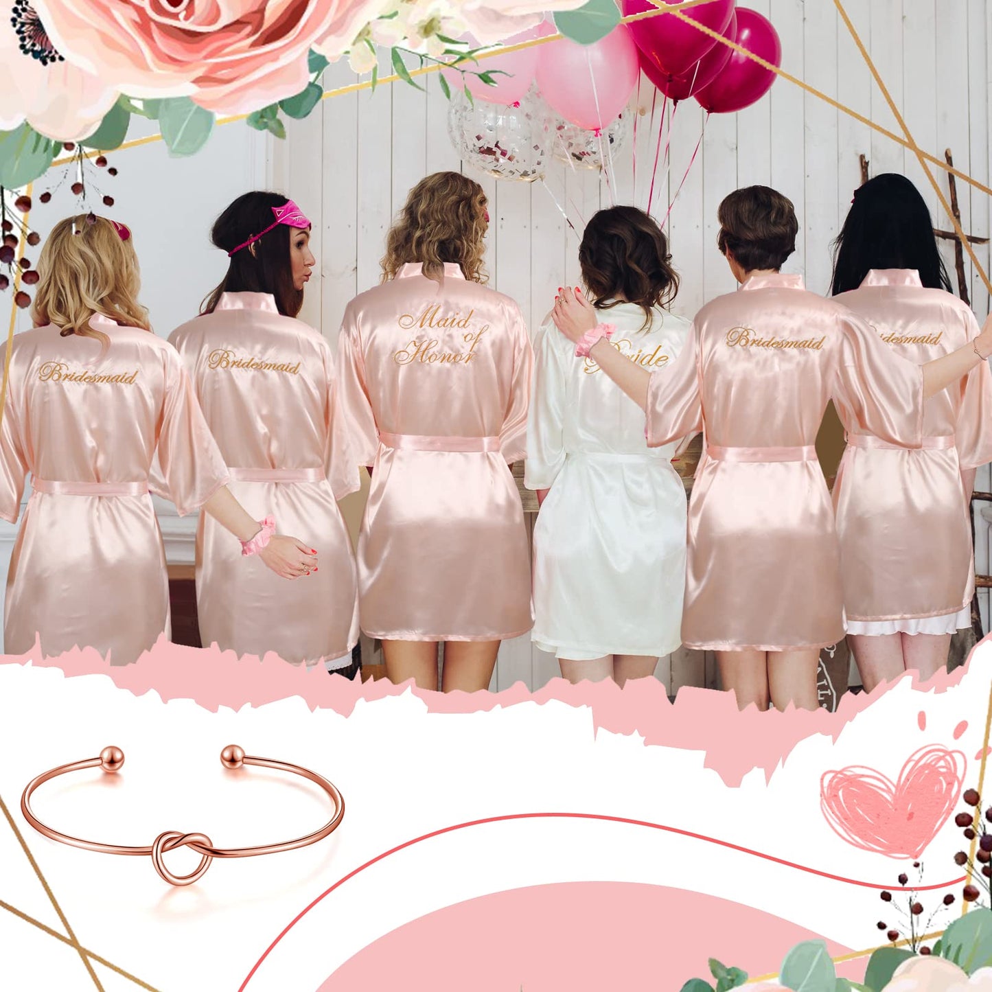 ramede 40 Pcs Bride Bridesmaid Robes Set Bridal Party Silk Satin Robes for Wedding Bridal Shower Bachelorette Party(Pink, White)