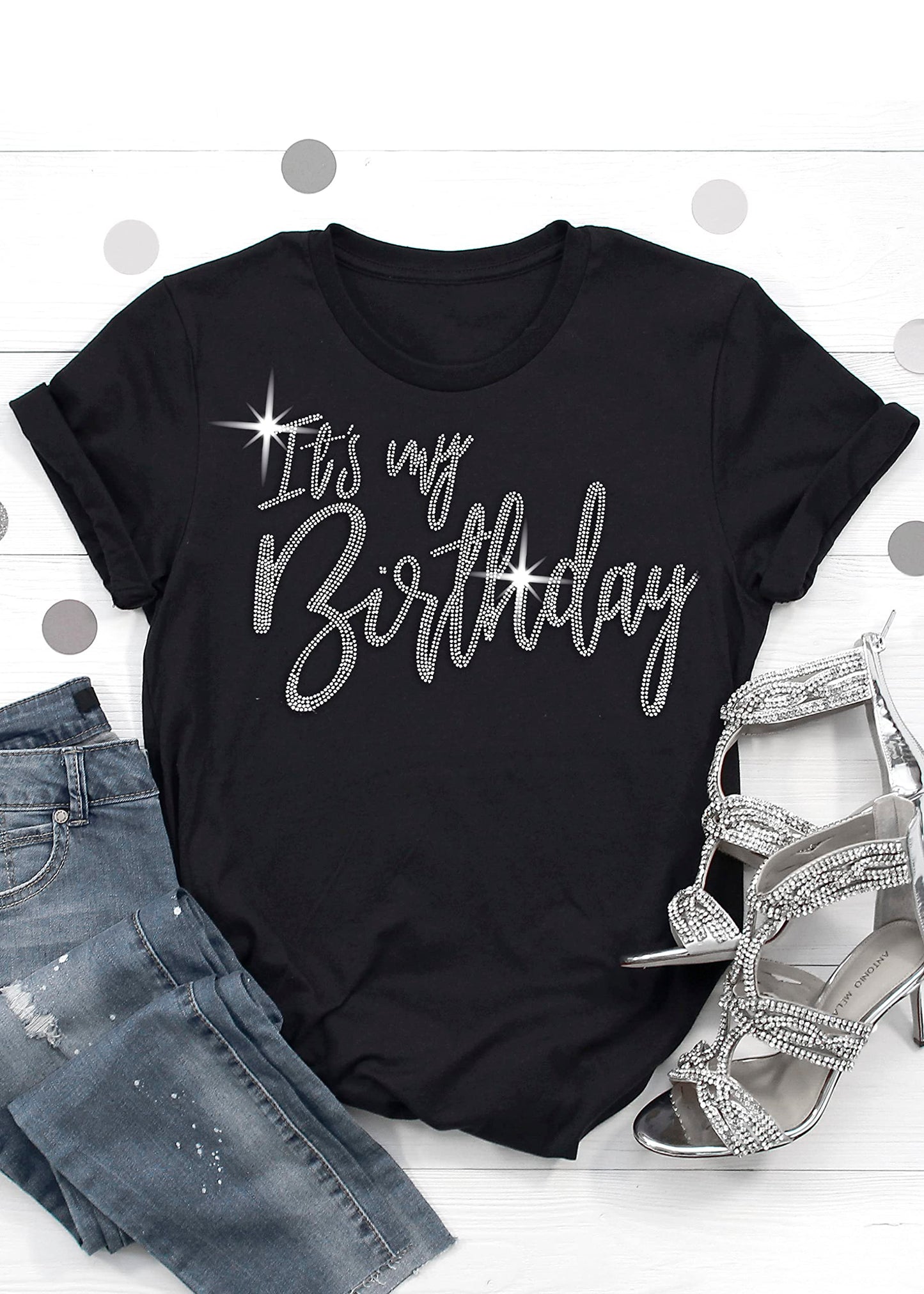 Birthday Shirts for Women Sexy - Glam Rhinestone It's My Birthday T-Shirt Black - Birthday Party Gift - Medium - Black Tee(GlmMyBdy RS) Md/Blk