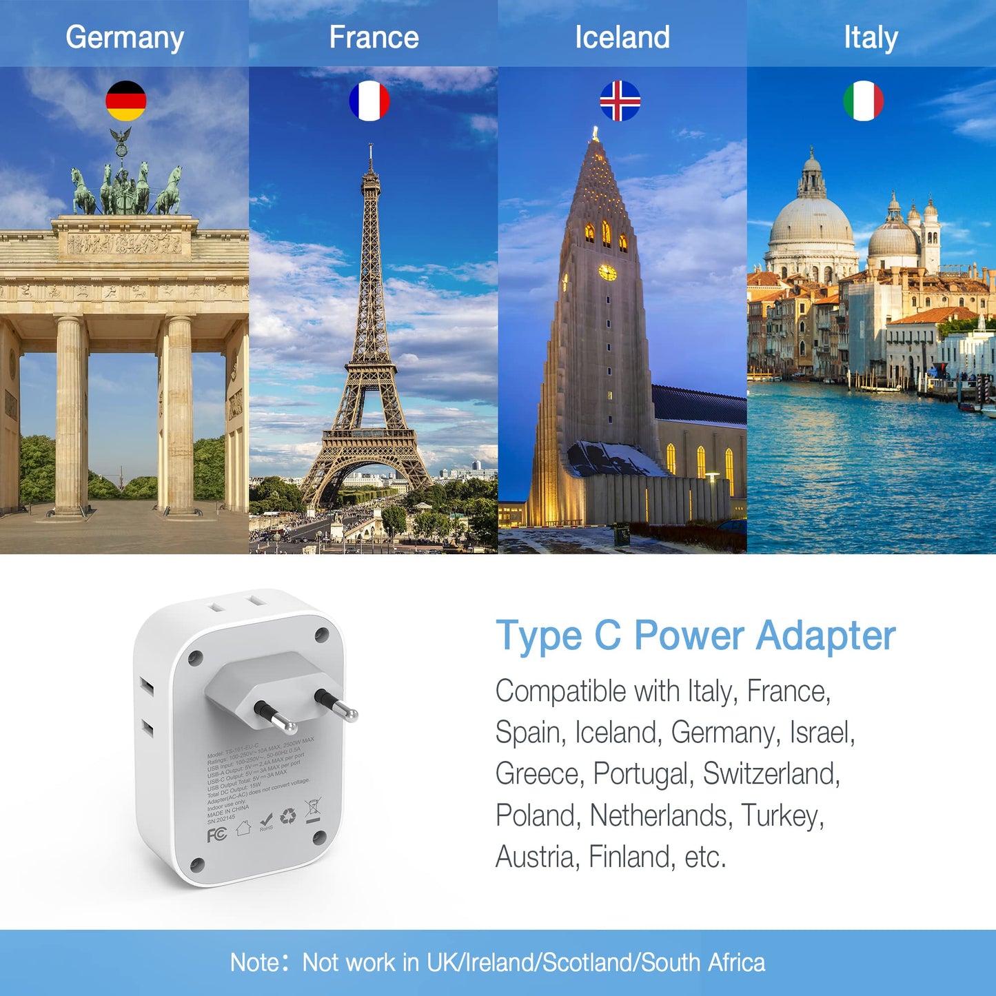 2 Pack European Travel Plug Adapter USB C, TESSAN US to Europe Plug Adapter with 4 Outlets 3 USB Charger, Type C Power Adaptor to Italy Spain France Portugal Iceland Germany, White Gray