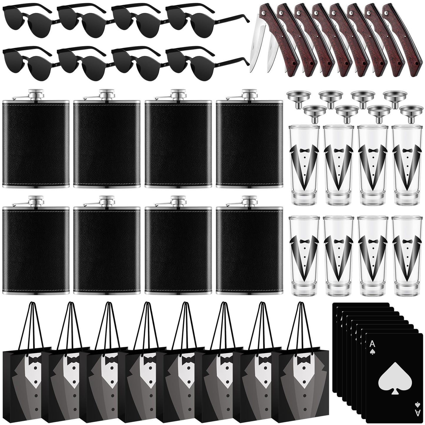 Tioncy 48 Pcs Groomsmen Proposal Gift 8 Engraved Pocket Knife 8 Groomsmen Gift Bags 8 Shot Glasses with Tuxedos 8 oz Stainless Steel Hip Flask 8 Poker Card Bottle Opener 8 Sunglasses