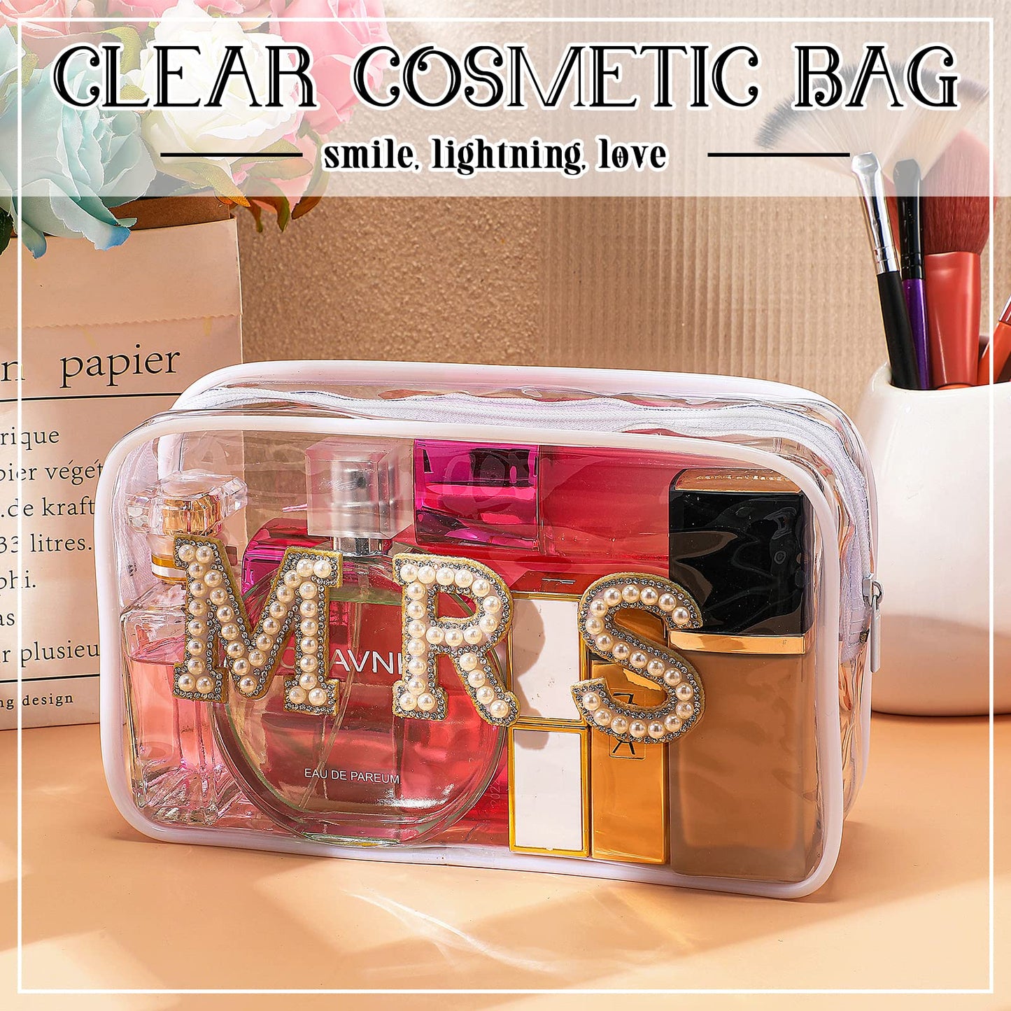 Bride Bag Clear Makeup Bag Bride Gift Cosmetic Bag Mrs Pearl Bags Bachelorette Toiletry Bag Wifey Makeup Pouch Rhinestone Letter PVC Cosmetics Bag Travel Case Wifey Purse Portable Bag(MRS Style)
