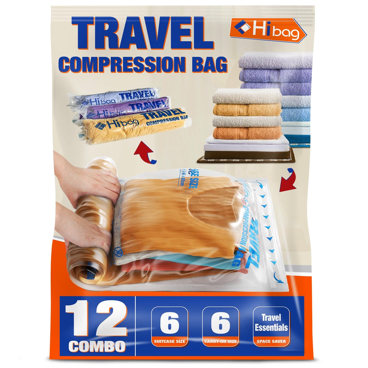 HIBAG 12 Compression Bags for Travel, Vacuum Packing Space Saver Zipper Bags for Cruise Accessories (12-Travel)