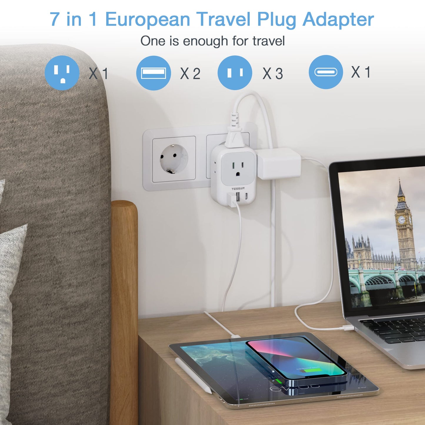 2 Pack European Travel Plug Adapter USB C, TESSAN US to Europe Plug Adapter with 4 Outlets 3 USB Charger, Type C Power Adaptor to Italy Spain France Portugal Iceland Germany, White Gray