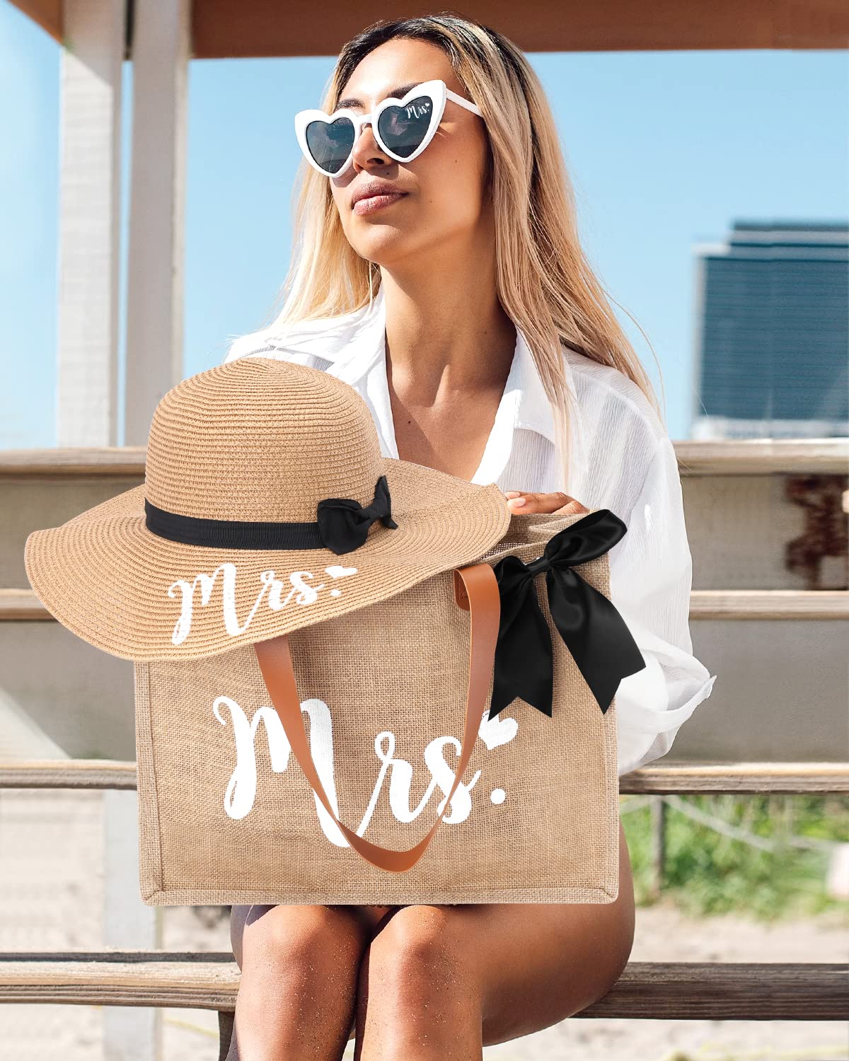 Percozzi Mrs. Tote Bag Sun Hat Glasses Set Bride-To-Be 2023 Bridal Shower Gift with Cute Heart Basket for Bride Wifey Honeymoon Jute Tote Bag Kit Summer Beach Present for Friend Set of 3