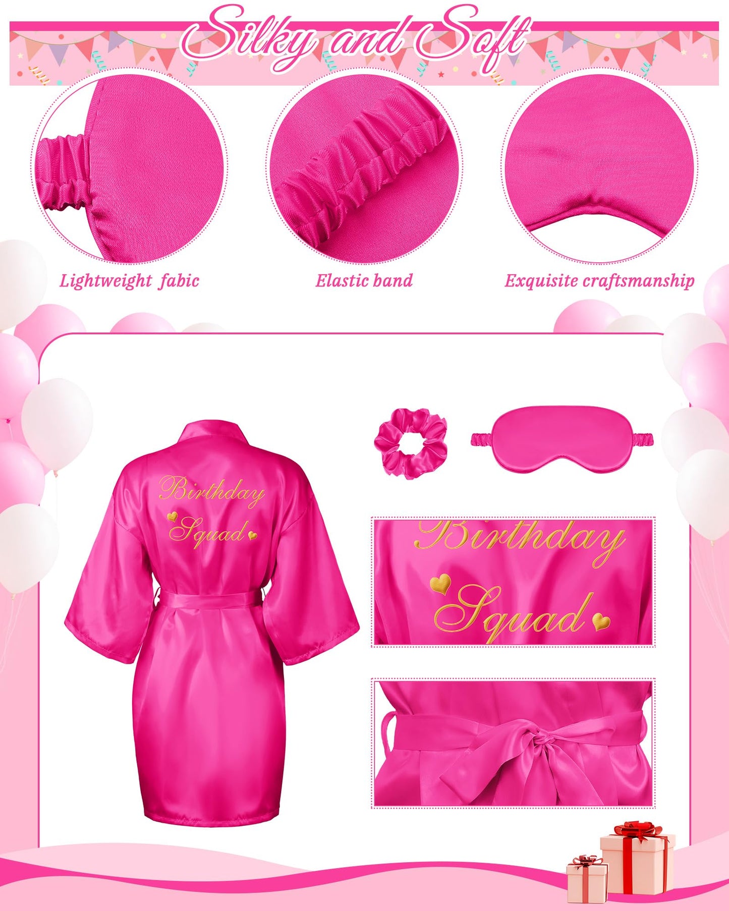 Neer 21 Pcs Women Birthday Party Robe Set Queen Squad Kimono Satin Bathrobes with Eye Mask and Scrunchie for Birthday (Rose Red)