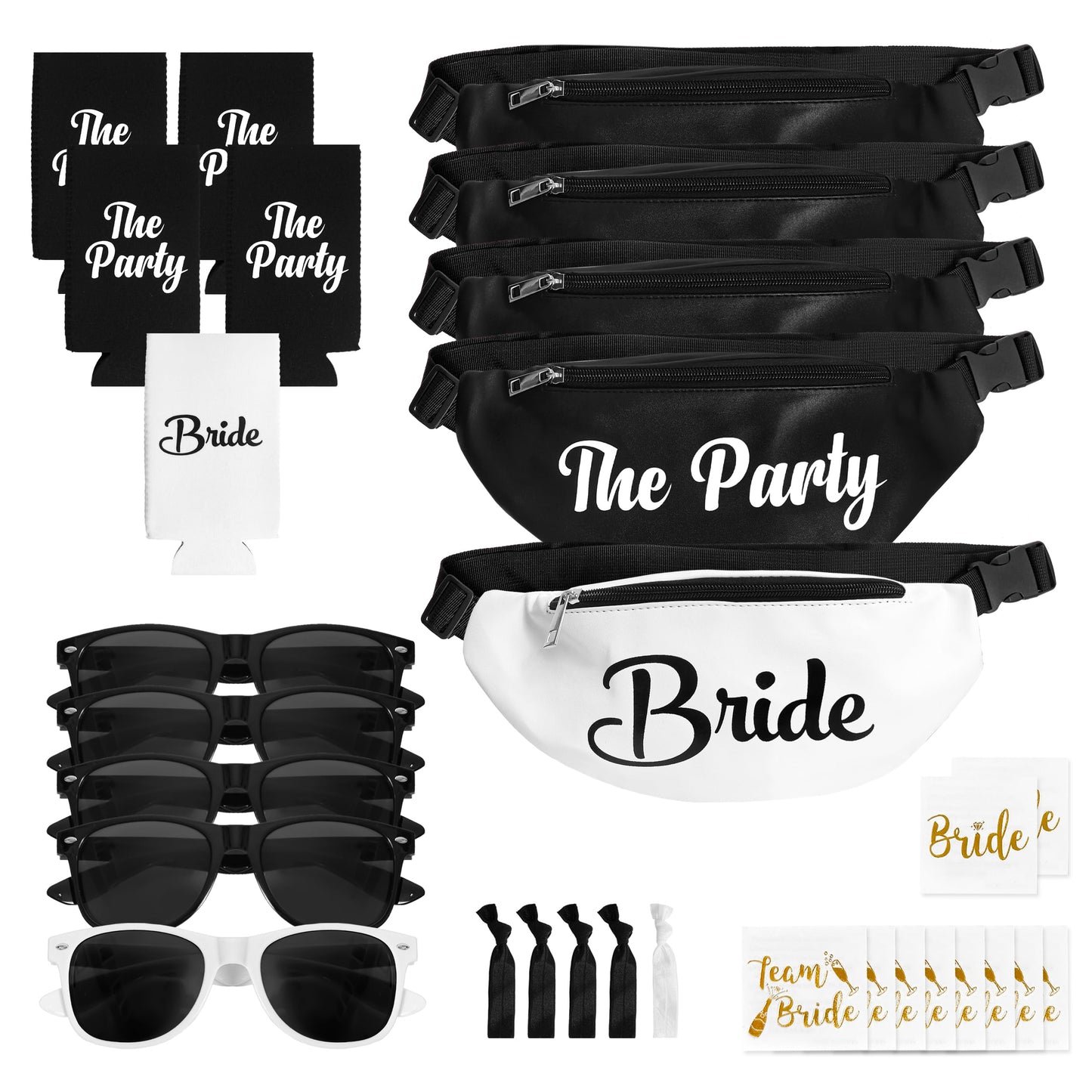 30 pc Black Bachelorette Party Favors, Accessories - Bachelorette Fanny Packs & Bride Fanny Pack - Bachelorette Party Kit with Sunglasses, Koozies, & Bridal Accessories (Black)