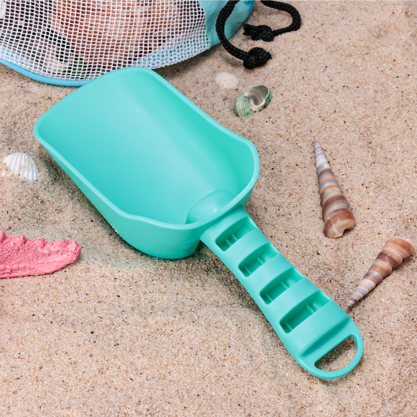 AMOR PRESENT Mesh Beach Bag for Kids, Shell Collecting Bag with Shovel Crab-Shaped Seashell Bag Adjustable Strap for Holding Shell Sea Pool Sand Toy, Blue