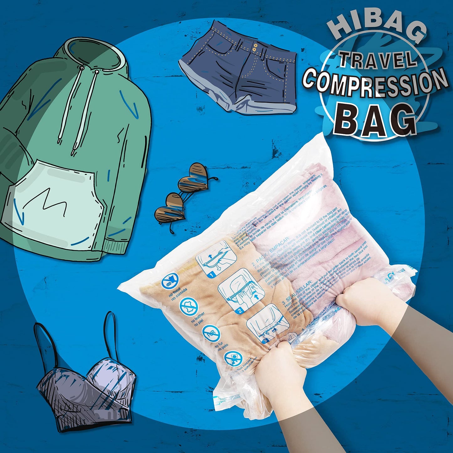 HIBAG 12 Compression Bags for Travel, Vacuum Packing Space Saver Zipper Bags for Cruise Accessories (12-Travel)