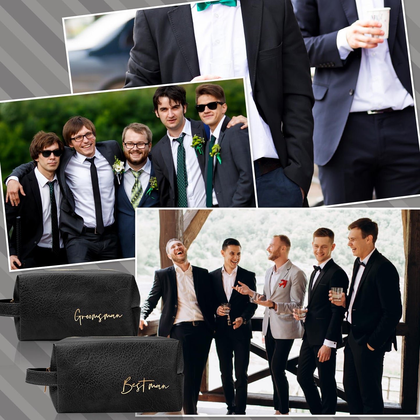 Amylove 7 Sets Groomsmen Gifts Toiletry Bag for Men Wedding Proposal Gift for Best Man PU Leather Cosmetic Bags with Zipper Shaving Bag Bowknot Greeting Card for Wedding Toiletries Accessories (Black)