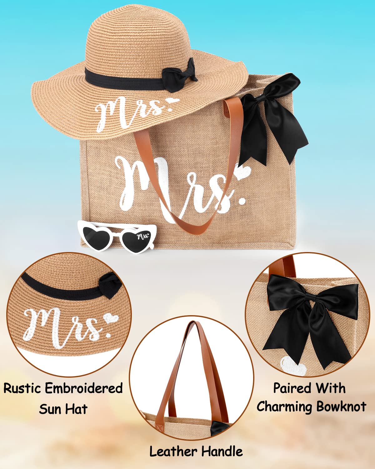 Percozzi Mrs. Tote Bag Sun Hat Glasses Set Bride-To-Be 2023 Bridal Shower Gift with Cute Heart Basket for Bride Wifey Honeymoon Jute Tote Bag Kit Summer Beach Present for Friend Set of 3