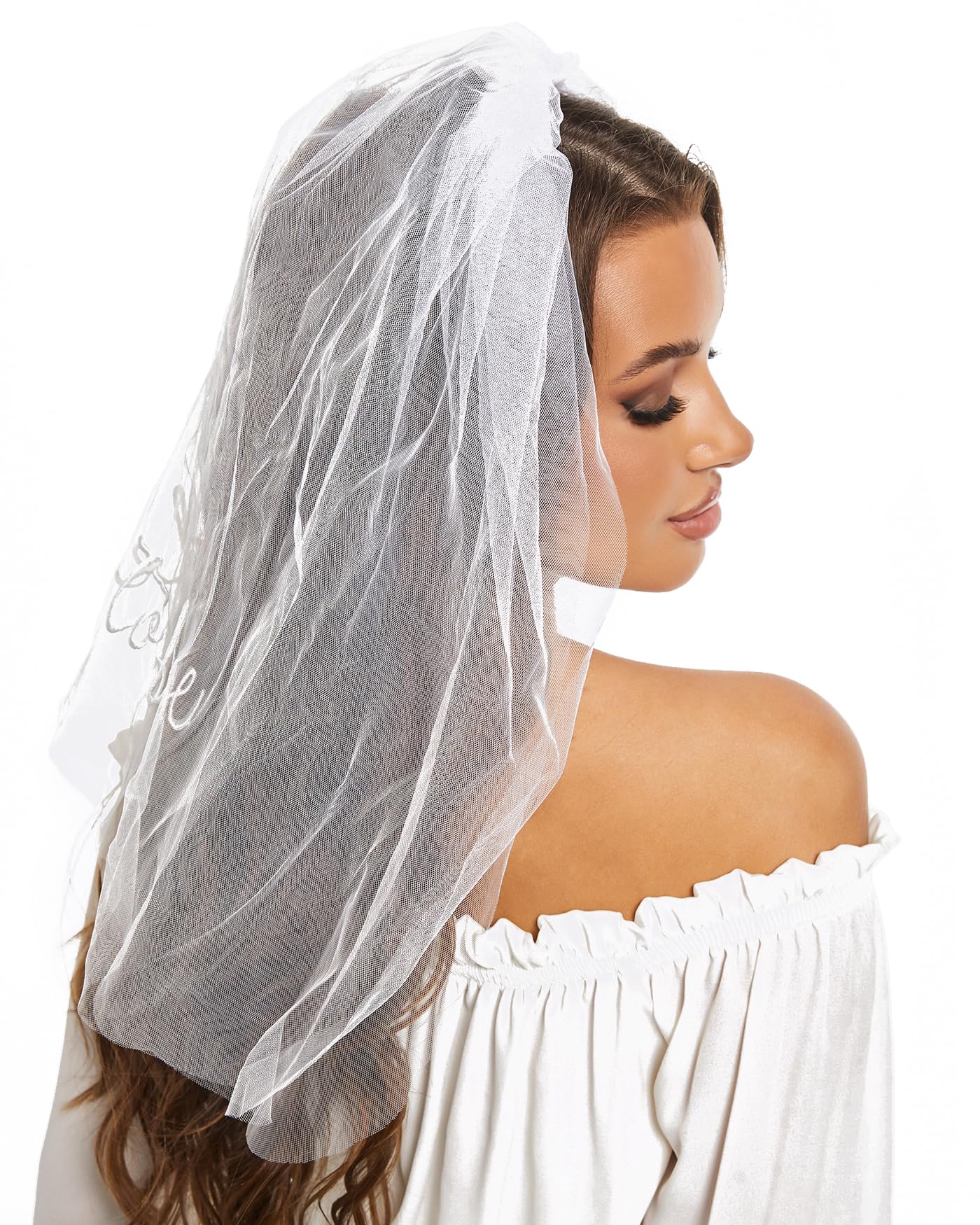 Fibye Bride To Be Embroidered Veil - Bride Veil for Bachelorette Party, Bach Party Favors Accessory, Bride To Be Headband, White Head Peace for Bridal Shower Engagement Party, Wedding and Gift