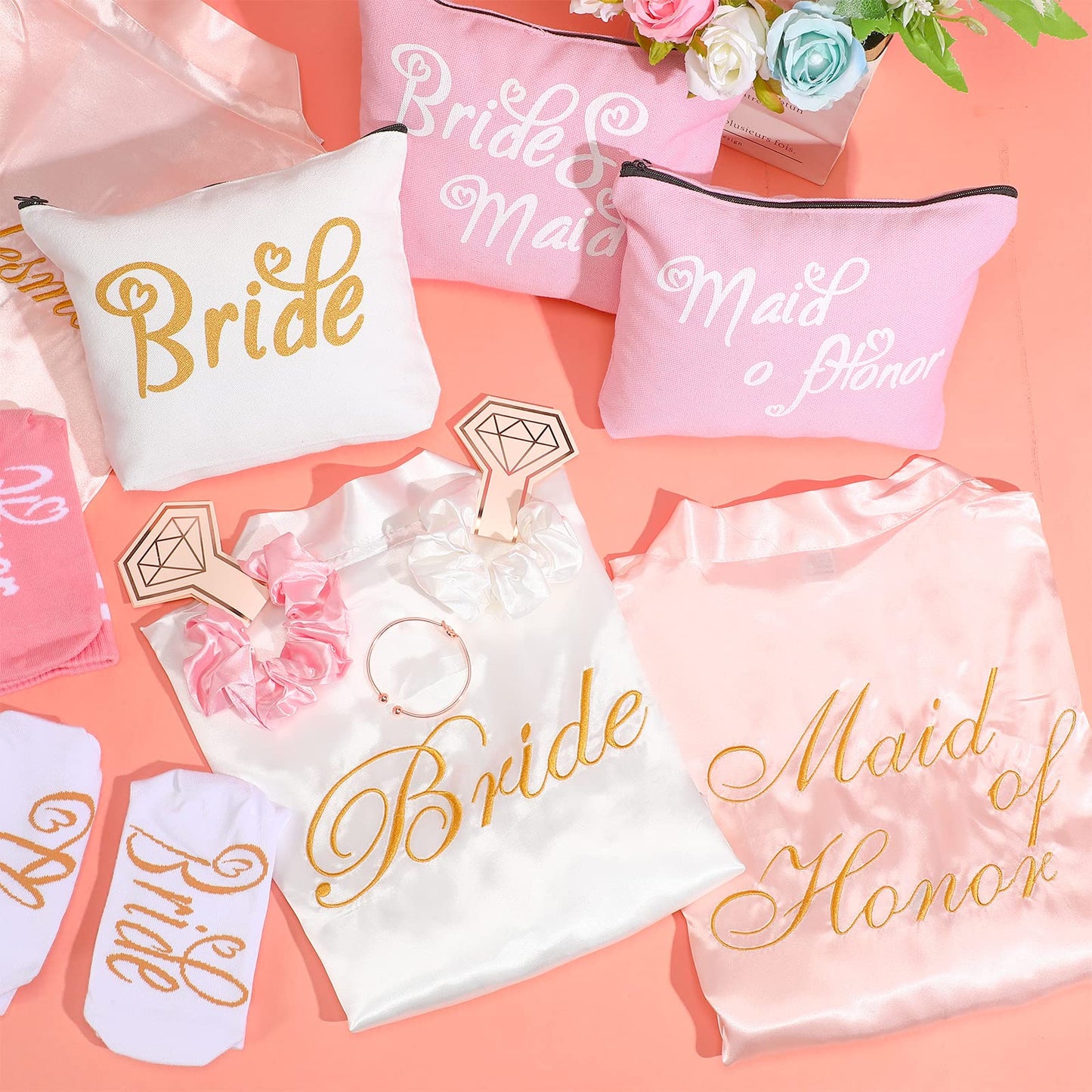 ramede 40 Pcs Bride Bridesmaid Robes Set Bridal Party Silk Satin Robes for Wedding Bridal Shower Bachelorette Party(Pink, White)
