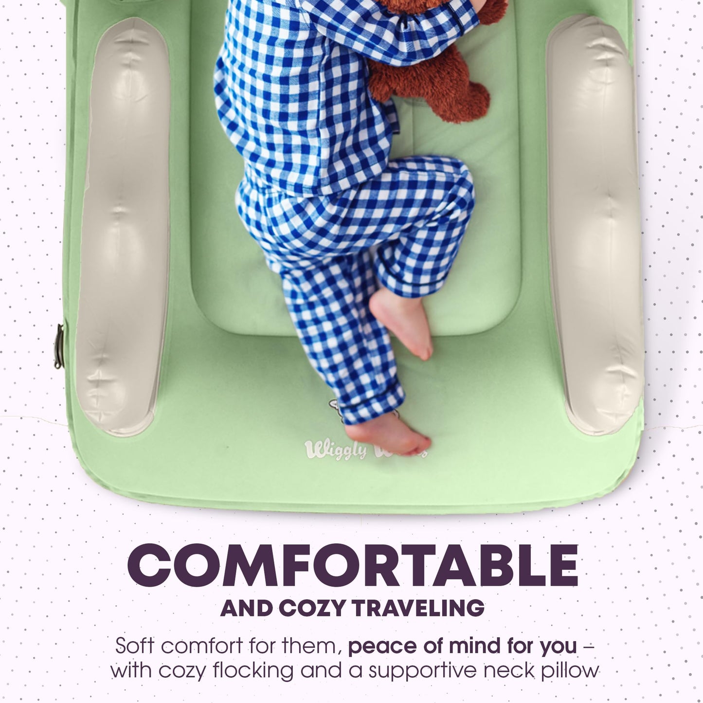 Wiggly Winks Toddler Airplane Bed - Inflatable Kids Air Plane Bed w/Child Neck Cushion, Safety Belt, Carry Bag, Fast-Pump, Cup Holder & Storage Pocket - for Toddlers Flight Sleep (Sage Green)