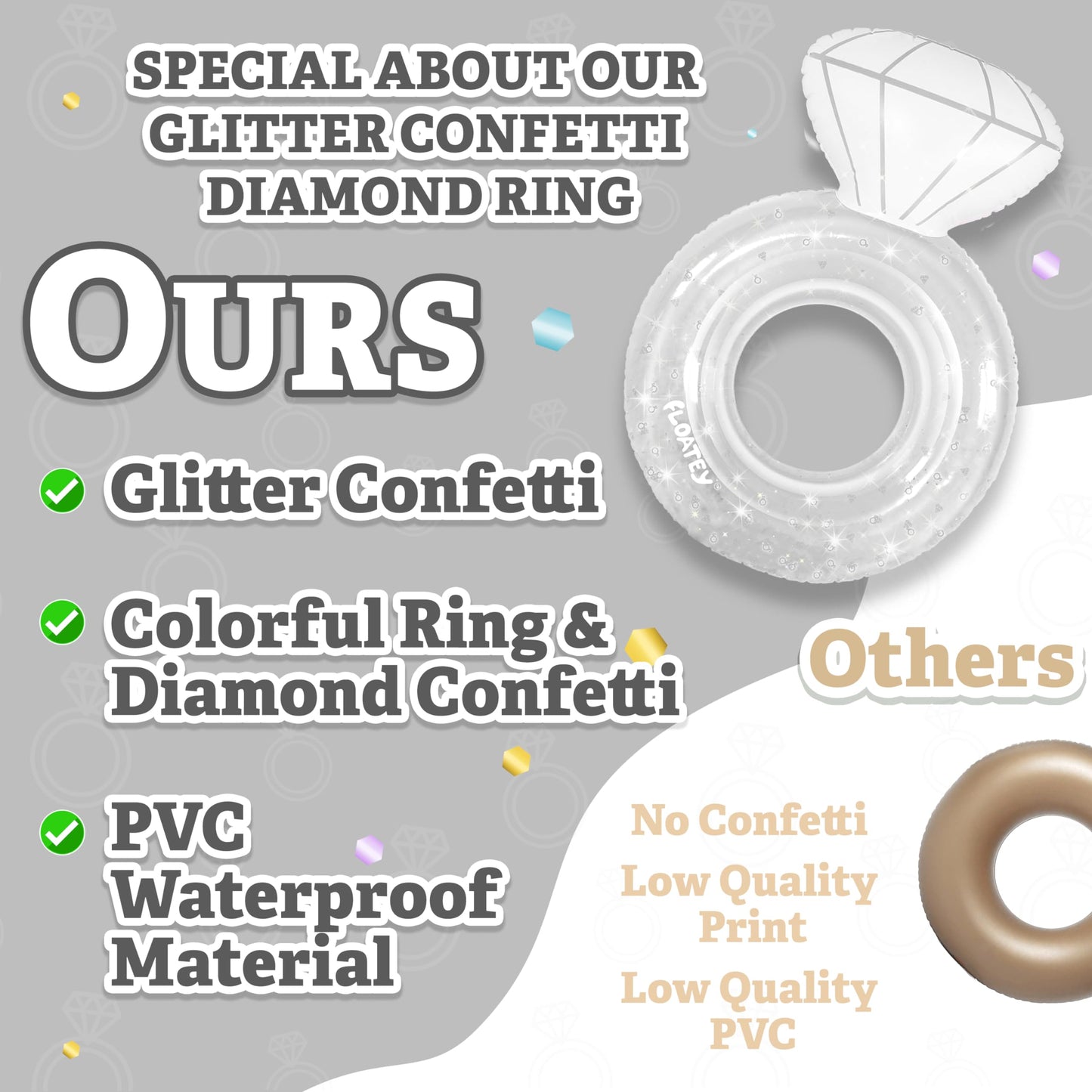 Floatey Bachelorette Party Decorations - XtraLarge Diamond Ring Pool Float | Shiny Glitter Conffetti Inside | Bachelorette Pool Floats for Bride, Ring Floatie Bachelorette Party Accessories, Silver