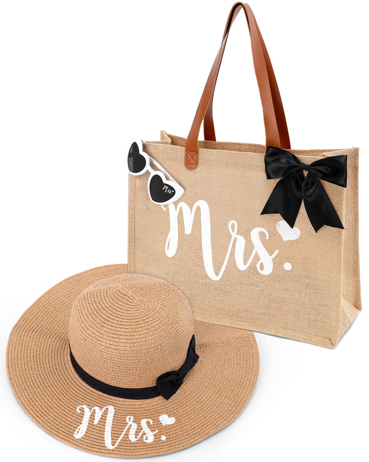 Percozzi Mrs. Tote Bag Sun Hat Glasses Set Bride-To-Be 2023 Bridal Shower Gift with Cute Heart Basket for Bride Wifey Honeymoon Jute Tote Bag Kit Summer Beach Present for Friend Set of 3