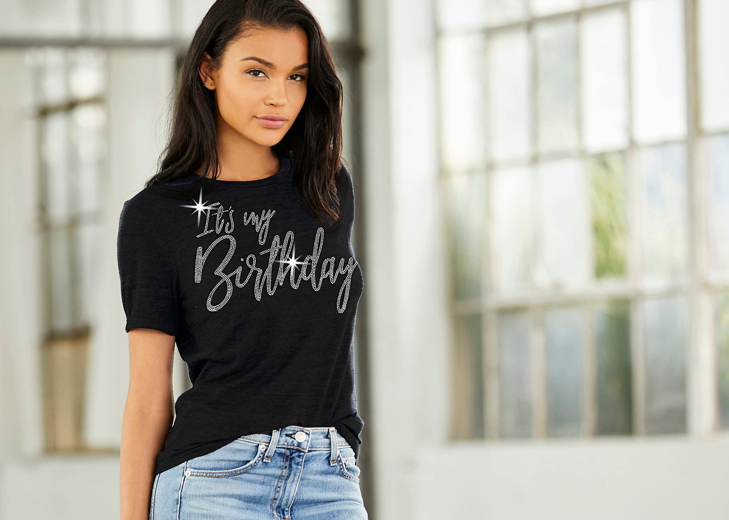 Birthday Shirts for Women Sexy - Glam Rhinestone It's My Birthday T-Shirt Black - Birthday Party Gift - Medium - Black Tee(GlmMyBdy RS) Md/Blk
