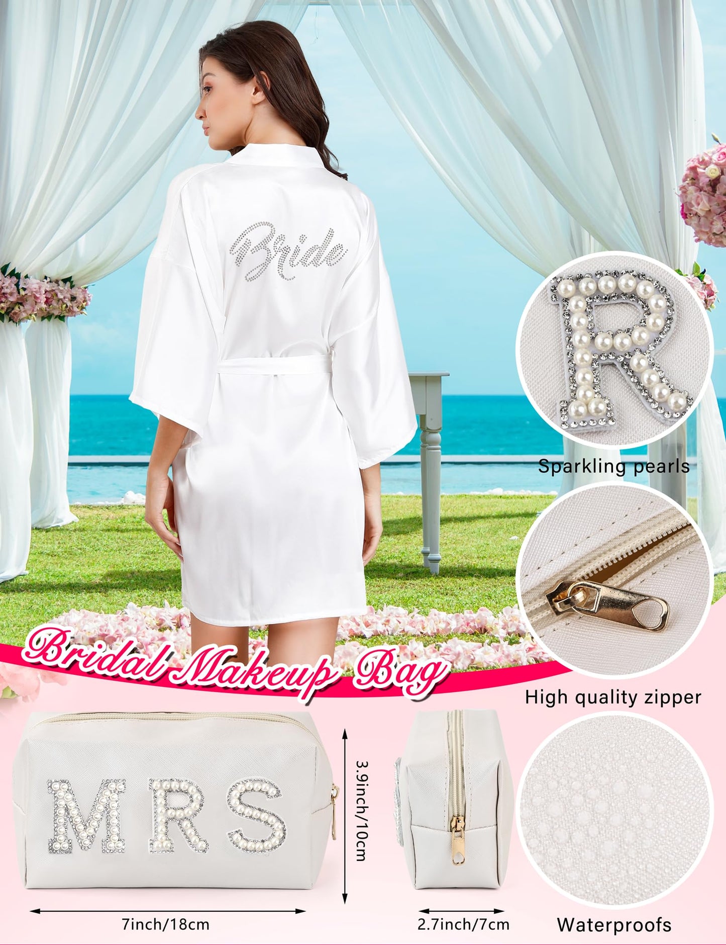 ALHAVONE 6 Pcs Women Bride Robe with Accessories for Bride Bachelorette Party Engagement Honeymoon Bridal Shower Gift (White, SM)