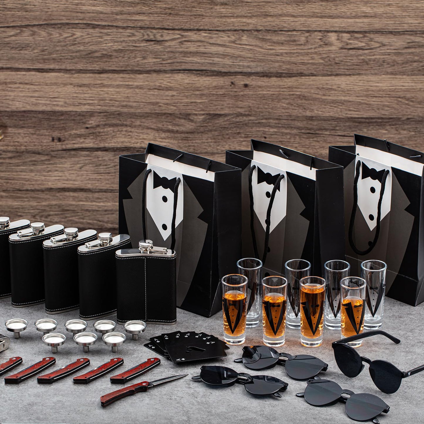 Tioncy 48 Pcs Groomsmen Proposal Gift 8 Engraved Pocket Knife 8 Groomsmen Gift Bags 8 Shot Glasses with Tuxedos 8 oz Stainless Steel Hip Flask 8 Poker Card Bottle Opener 8 Sunglasses