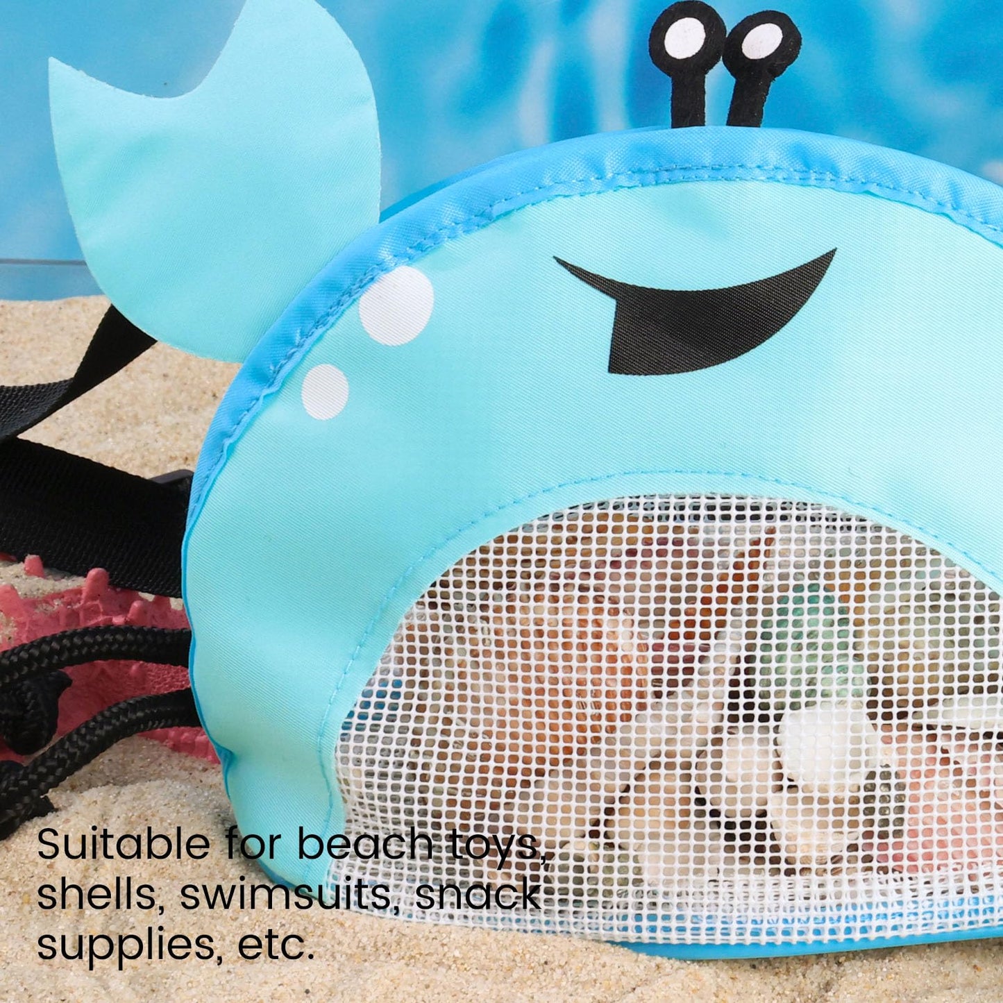 AMOR PRESENT Mesh Beach Bag for Kids, Shell Collecting Bag with Shovel Crab-Shaped Seashell Bag Adjustable Strap for Holding Shell Sea Pool Sand Toy, Blue