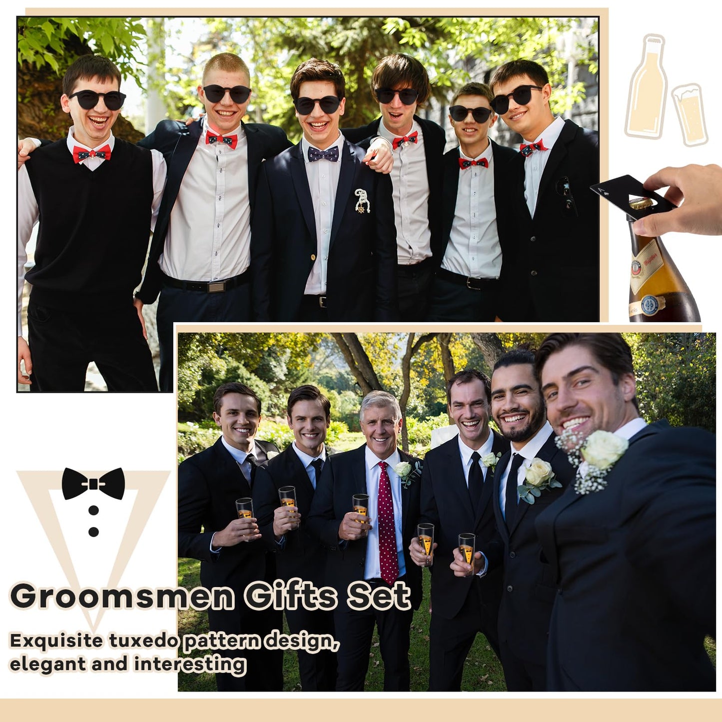 Tioncy 48 Pcs Groomsmen Proposal Gift 8 Engraved Pocket Knife 8 Groomsmen Gift Bags 8 Shot Glasses with Tuxedos 8 oz Stainless Steel Hip Flask 8 Poker Card Bottle Opener 8 Sunglasses