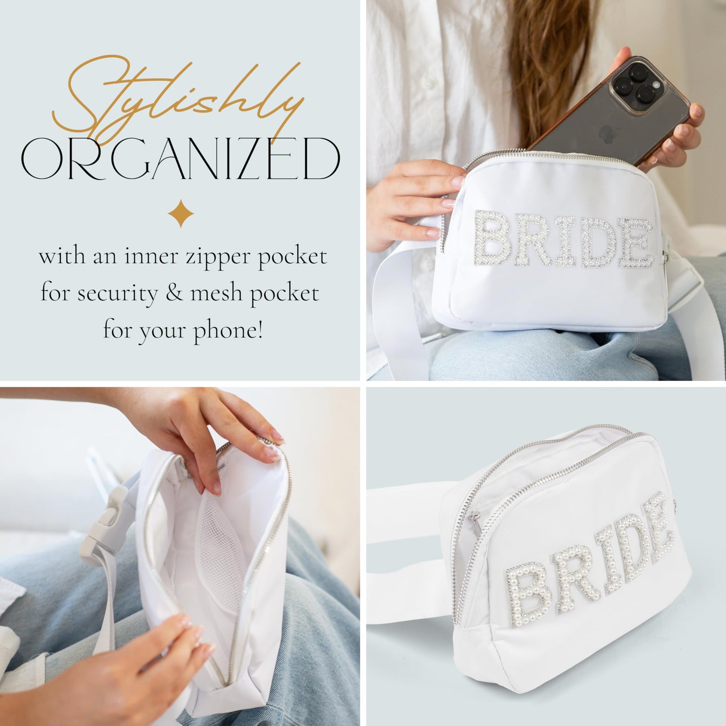 Newlywoo Pearl Bride Bag, White Fanny Pack - Complete your White Bride Bachelorette Outfit with our Cute Bride Belt Bag! A Gift for the Bride for all her Wedding Essentials and Bride Accessories!