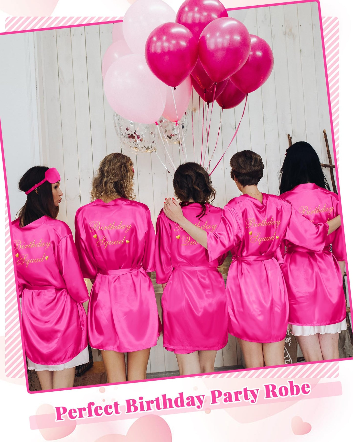 Neer 21 Pcs Women Birthday Party Robe Set Queen Squad Kimono Satin Bathrobes with Eye Mask and Scrunchie for Birthday (Rose Red)