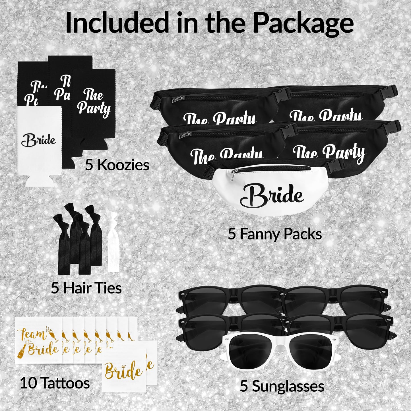 30 pc Black Bachelorette Party Favors, Accessories - Bachelorette Fanny Packs & Bride Fanny Pack - Bachelorette Party Kit with Sunglasses, Koozies, & Bridal Accessories (Black)