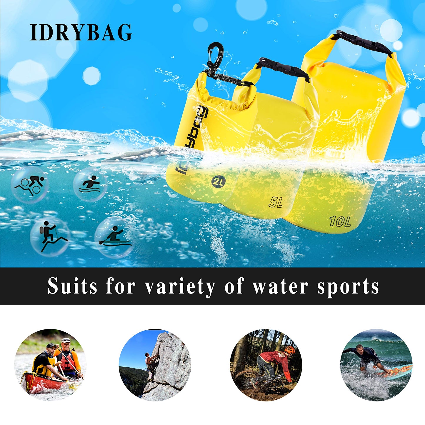 IDRYBAG Dry Bags for Kayaking Waterproof 2L/5L/10L/15L/20L, Small Dry Bag Waterproof Floating, Dry Sack Waterproof Bag for Paddleboarding Travel