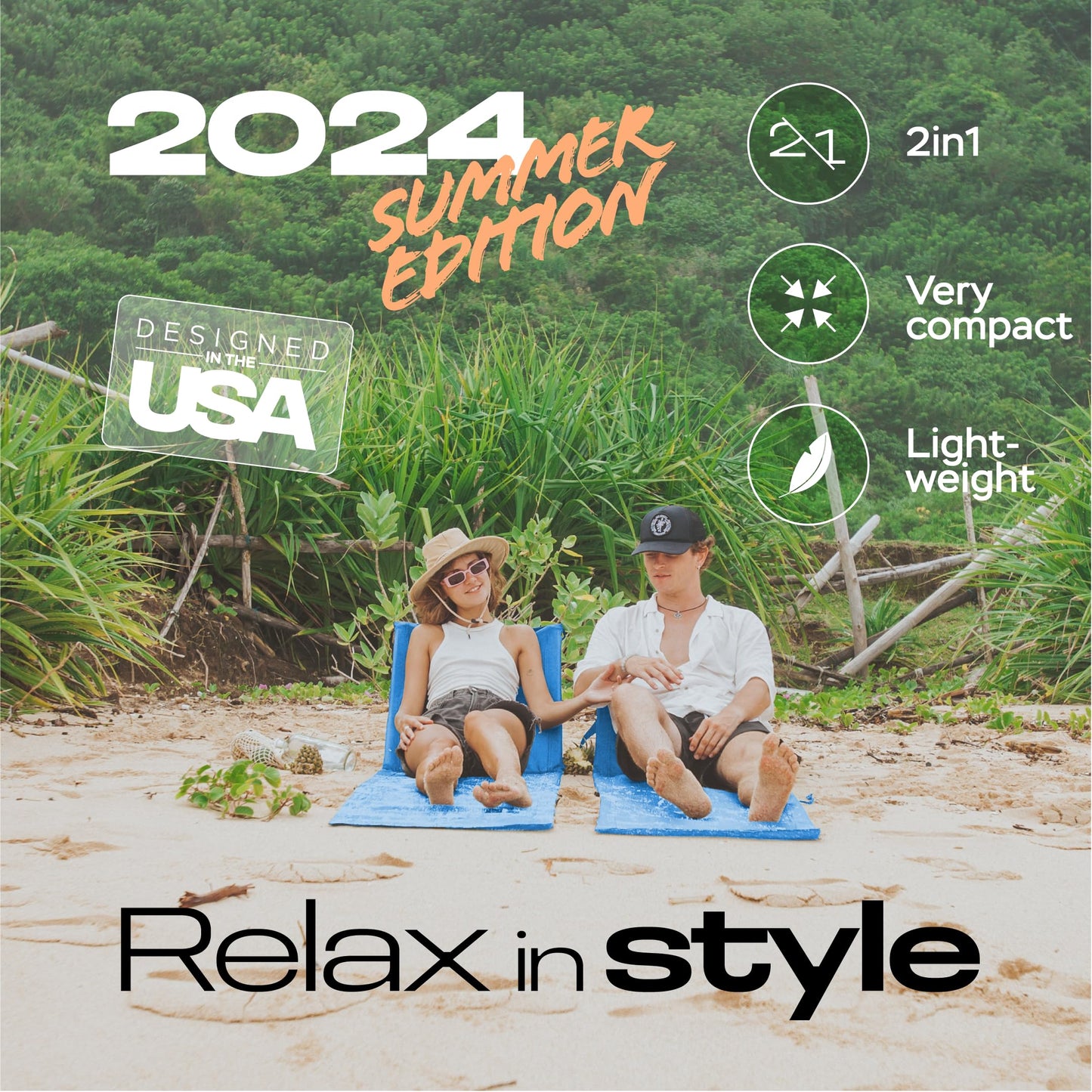UNIPRIDE Lightweight Beach Chair for Adults (Set of 2) - Portable Beach Lounger I Ideal Tanning Mat for Sunbathing I Easy to Fold and Carry - Blue