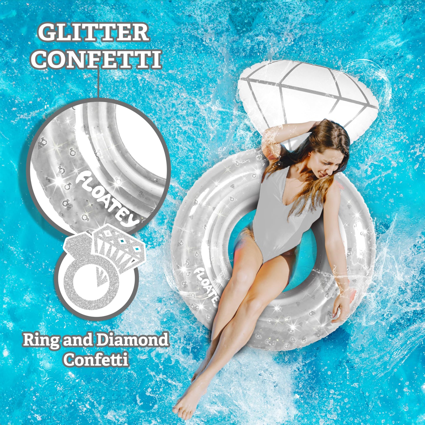Floatey Bachelorette Party Decorations - XtraLarge Diamond Ring Pool Float | Shiny Glitter Conffetti Inside | Bachelorette Pool Floats for Bride, Ring Floatie Bachelorette Party Accessories, Silver
