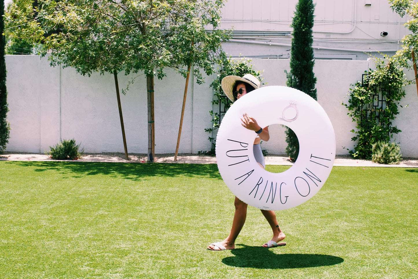 Coconut Float Rae Dunn x CocoNut Float 'Put a Ring On It' Ring Float - Adult Size Large 48 Inch Inflatable Raft & Durable Water Inner Tube - Stable Ride-On for Summer Parties & Swim Events