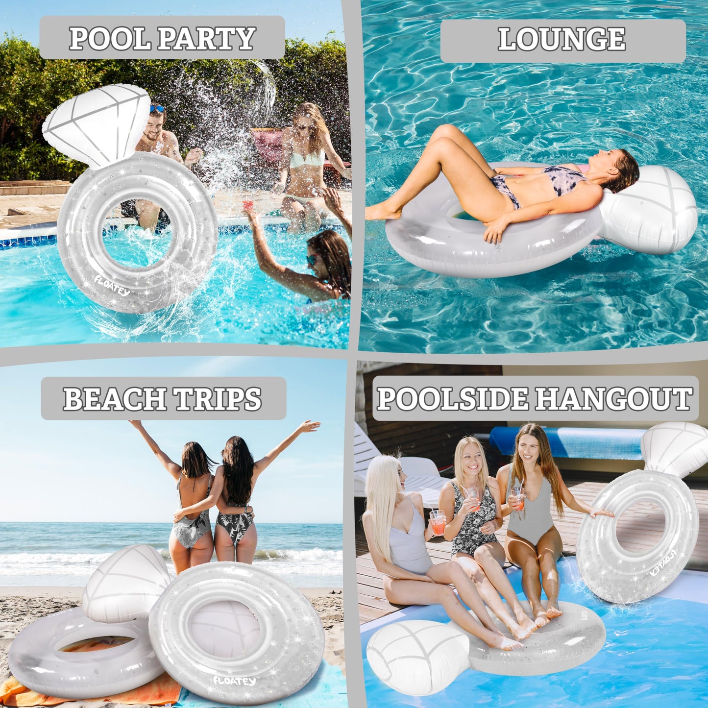 Floatey Bachelorette Party Decorations - XtraLarge Diamond Ring Pool Float | Shiny Glitter Conffetti Inside | Bachelorette Pool Floats for Bride, Ring Floatie Bachelorette Party Accessories, Silver