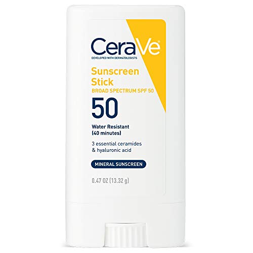 CeraVe Mineral Sunscreen Stick SPF 50, Broad Spectrum SPF + Hyaluronic Acid + Ceramides, Titanium Dioxide & Zinc Oxide, 100% Mineral Face Sunscreen Stick, Fragrance Free & Oil Free