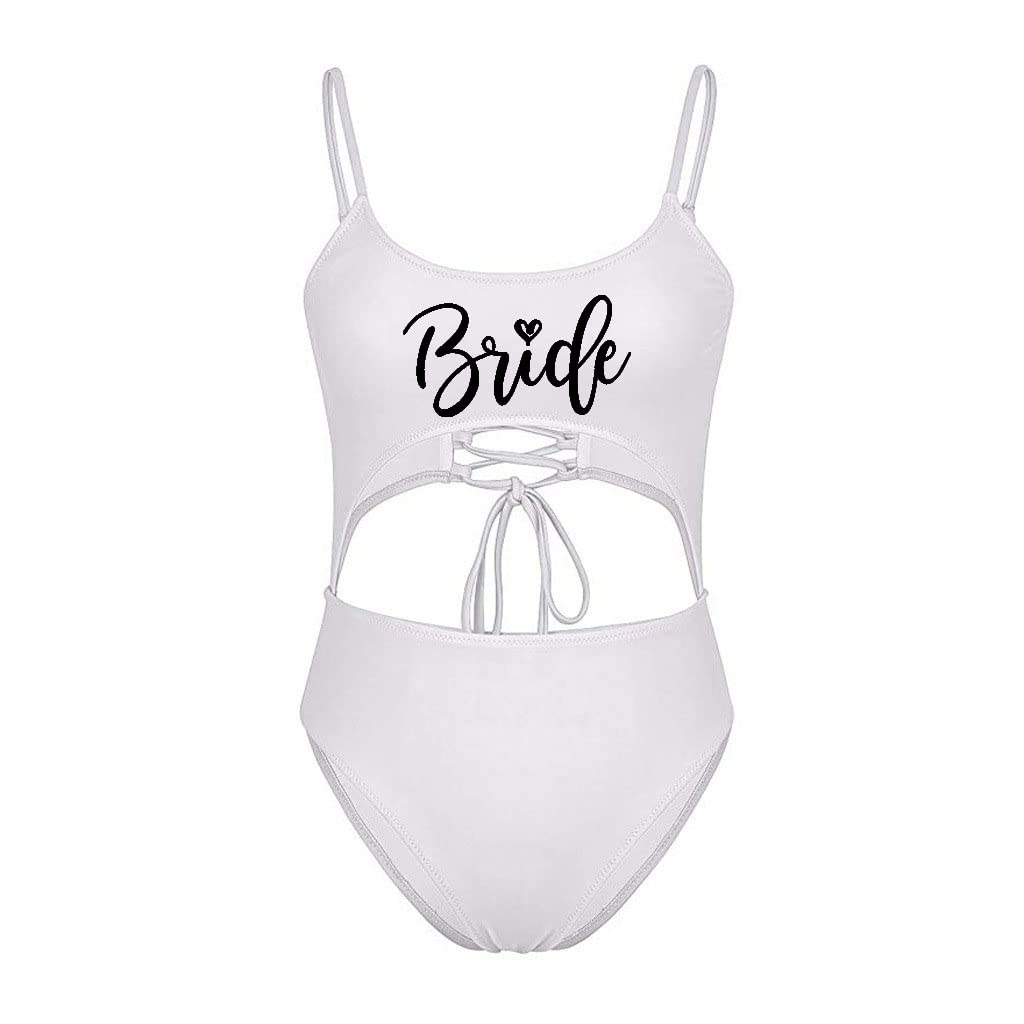 MUZHI Women's Bride One Piece Swimsuits Ruched Tommy Control Wifey Swimwear Sexy Back Crossover Swimming Bathing Suits (Women, Small, White Bride)