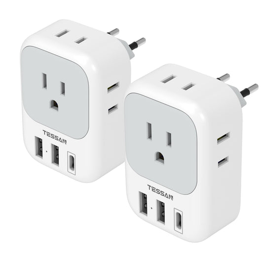 2 Pack European Travel Plug Adapter USB C, TESSAN US to Europe Plug Adapter with 4 Outlets 3 USB Charger, Type C Power Adaptor to Italy Spain France Portugal Iceland Germany, White Gray