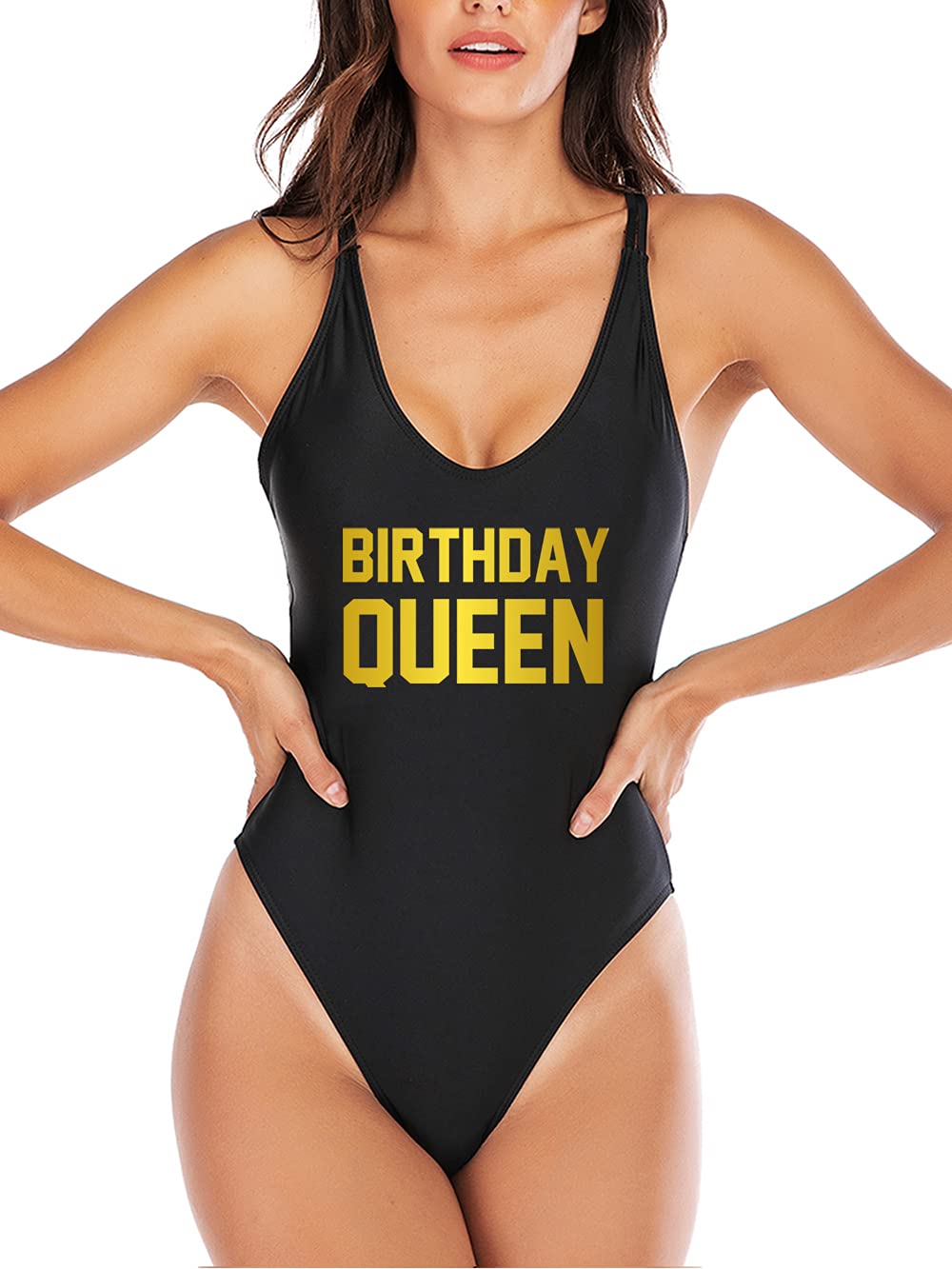 HYTENSUN Women's Criss Cross Back Birthday Slay One Piece Swimsuit Dirty 31 High Cut Bathing Suit