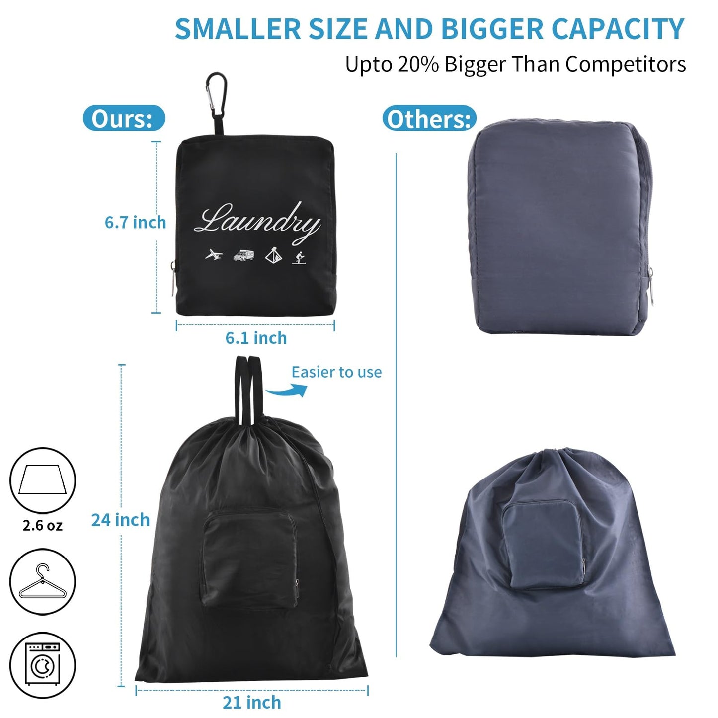 2 Pcs JHX Dirty Laundry Bag【Upgraded】 with Handles and Aluminum Carabiner, Collapsible Clothes Bag for Travel, Camp, Fitness, and Students (Black&Grey) 24"L x 21"W