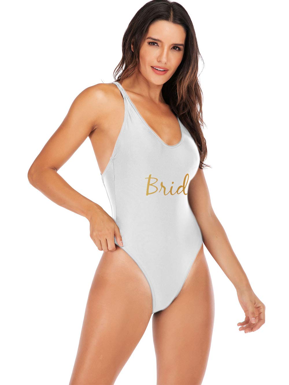 elightvap Women's Bride to Be Squad One Piece Letter Print High Cut Monokini Bridesmaid Team Swimsuit, White 3- Bride, Large