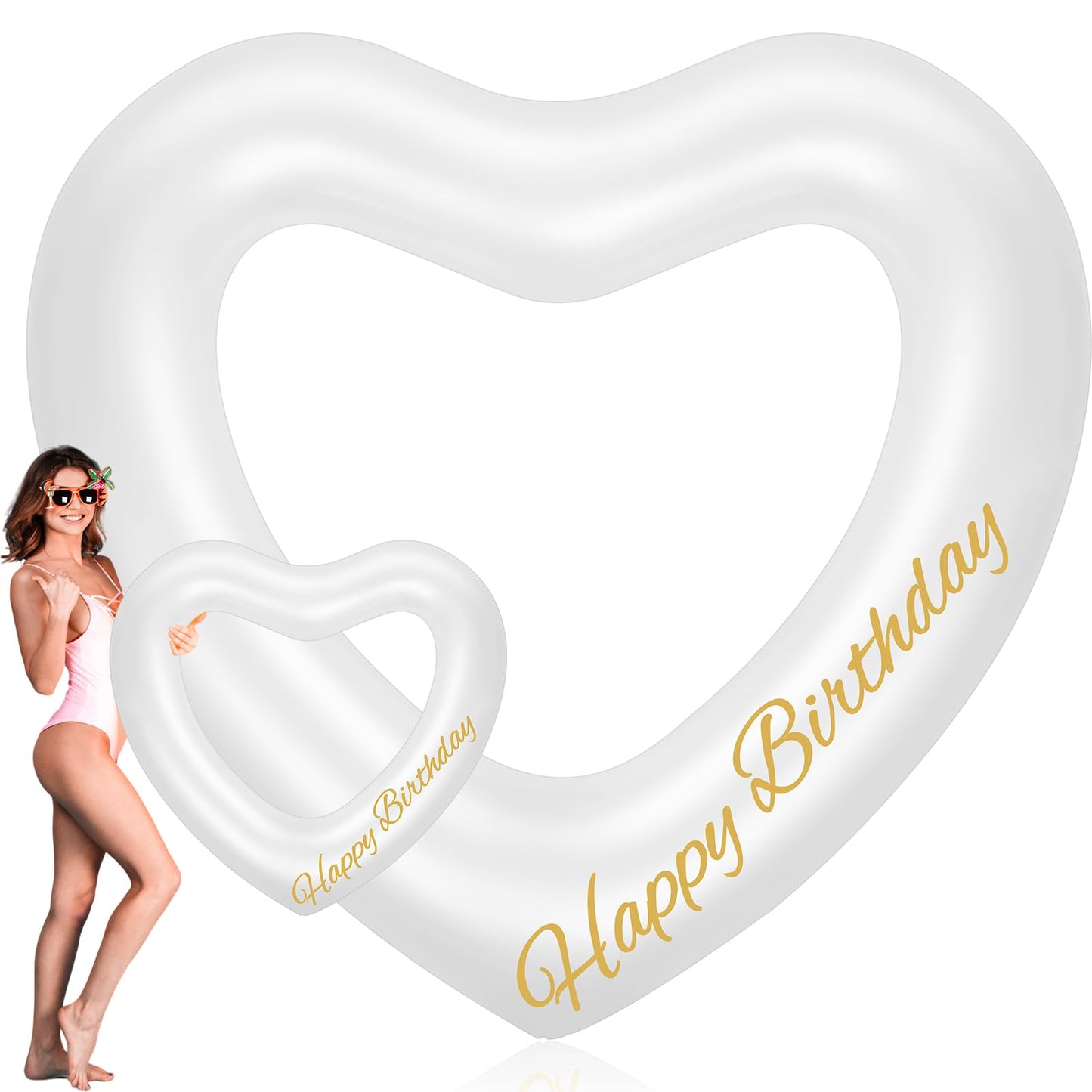 WinnerWhy 47.3 x 39.4 Inch Birthday Heart Pool Float Heart Shaped Inflatable Pool Floatie Swim Tube Rings Floating Pool Decorations for Summer Teens Adults Water Beach Swimming Party (Gold)