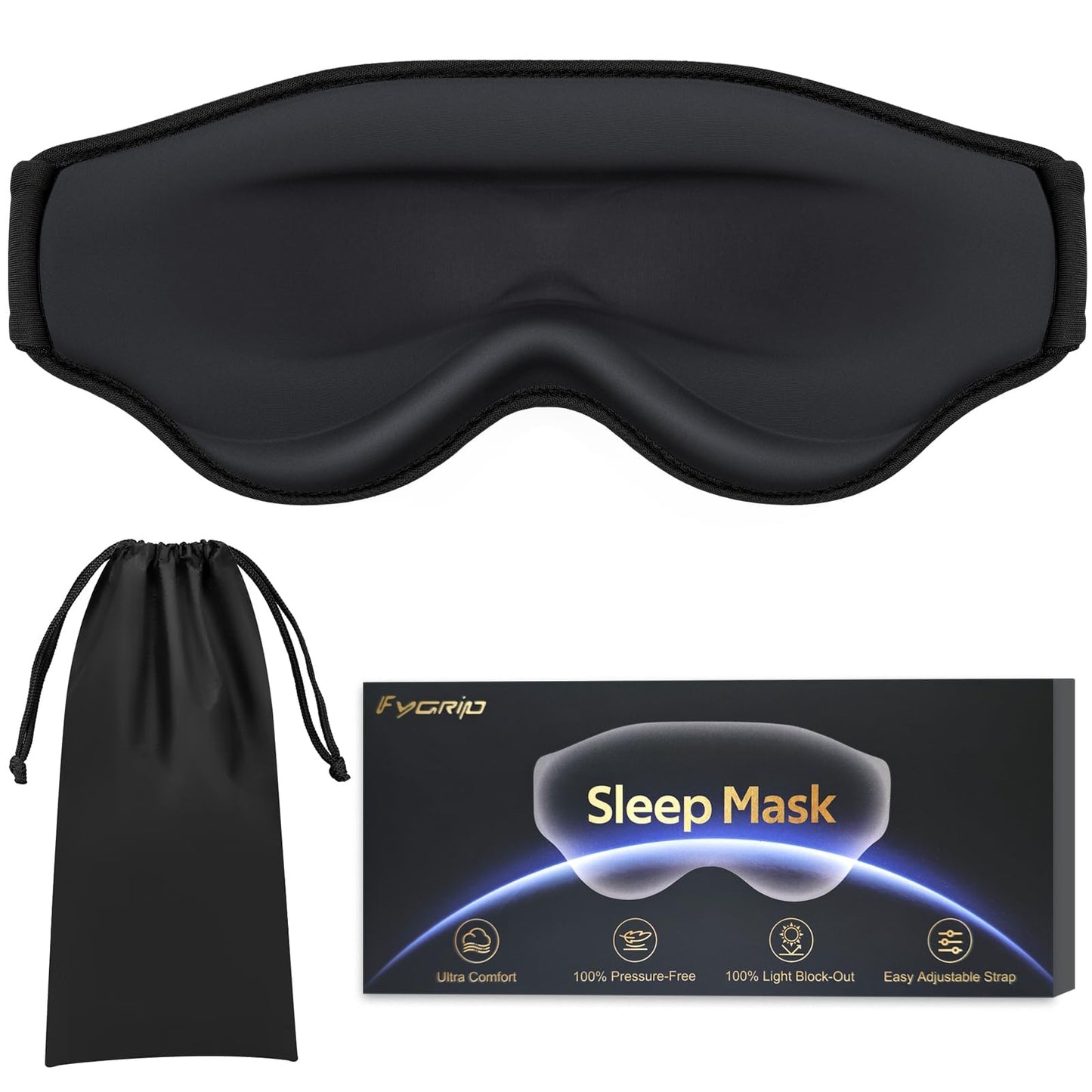 Fygrip Eye Mask Sleep Mask for Men & Women, Ultra Comfort 100% Pressure-Free & 100% Light Block-Out Eye Mask for Sleep with Easy Adjustable Strap, Night Eye Cover for Travel, Black