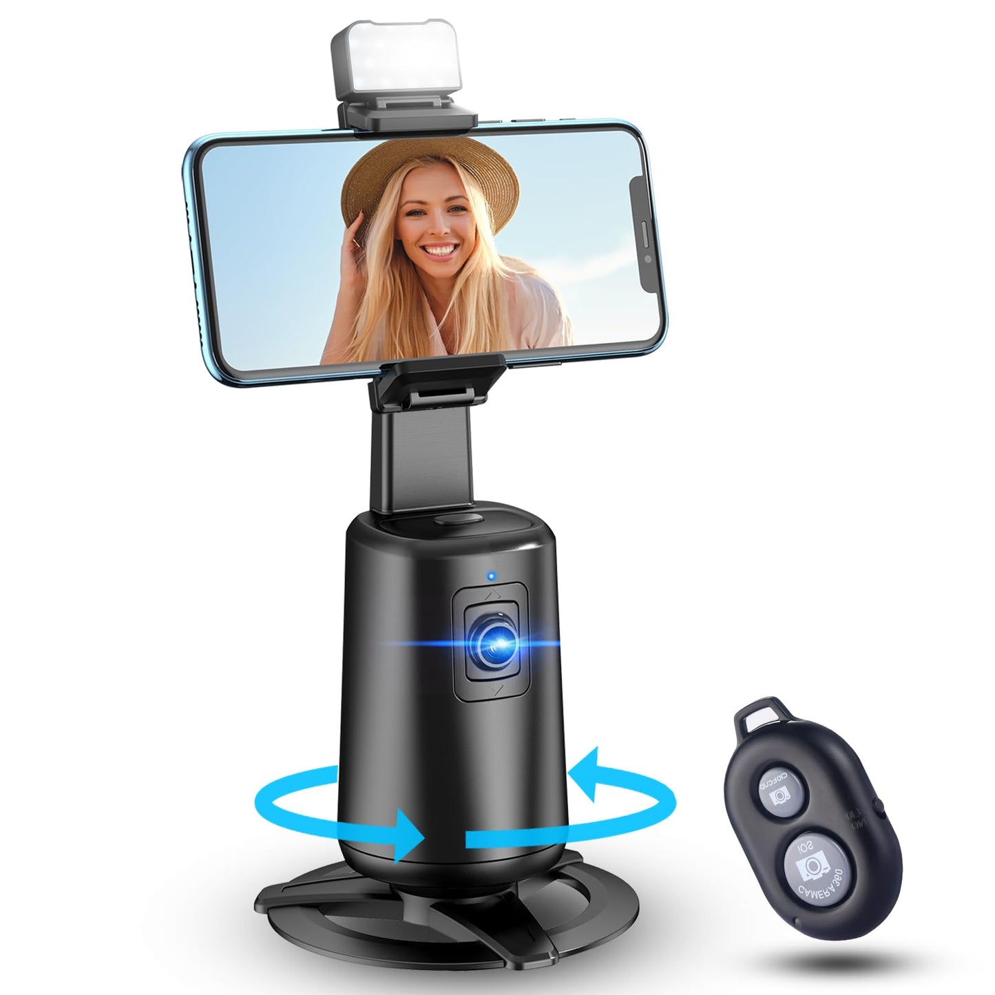 Auto Face Tracking Tripod 360° Rotating Auto Tracking Phone Stand, No App, Phone Camera Stand with Remote and Gesture Control, Rechargeable Smart Shooting Stand for Live Video Recording Tiktok（Black）