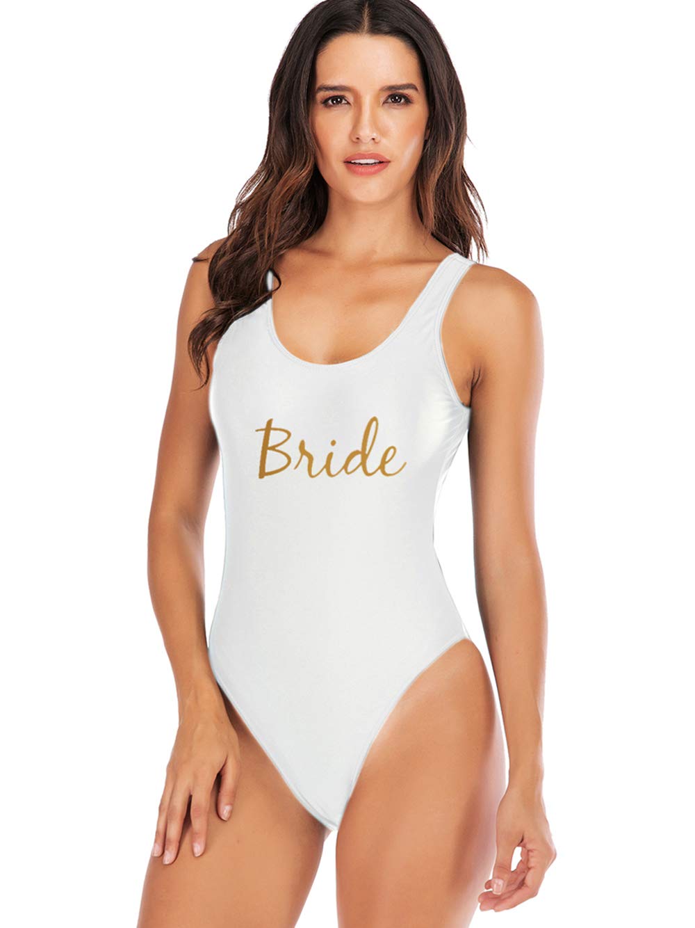 elightvap Women's Bride to Be Squad One Piece Letter Print High Cut Monokini Bridesmaid Team Swimsuit, White 3- Bride, Large