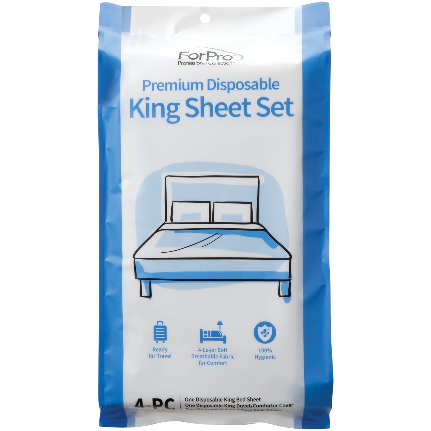 ForPro Premium Disposable Sheet Set, 4-PC King Size Bedding for Travel, Includes Bed Sheet, Duvet Cover and Two Pillowcases, White