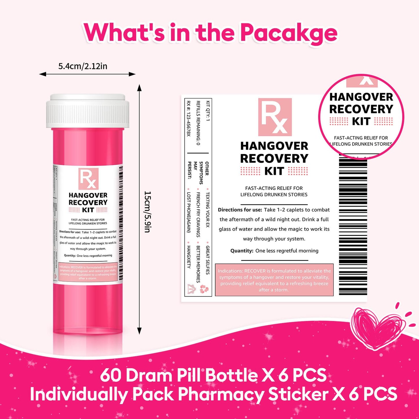 Bachelorette Party Favors, 6 Pack Hangover Kit Pink Pill Bottles, Perfect Hangover Recovery Kit for Bride Emergency on Wedding Day, Girls Night Out, 21st Birthday Party Supplies