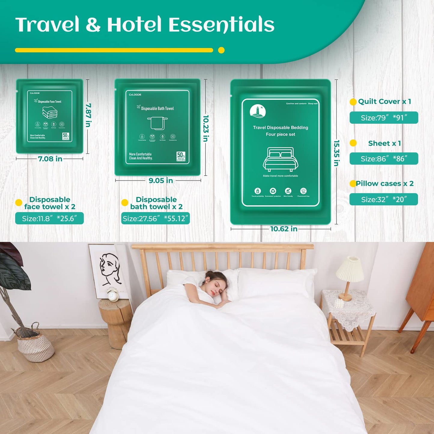 Disposable Bed Sheets for Hotel, Travelling Essentials with 2 Disposable Bath Towels 2 Disposable Face Towels and 4 Pcs Disposable Bed Sheets Set, Disposable Washcloths for Travel Hotel Essentials