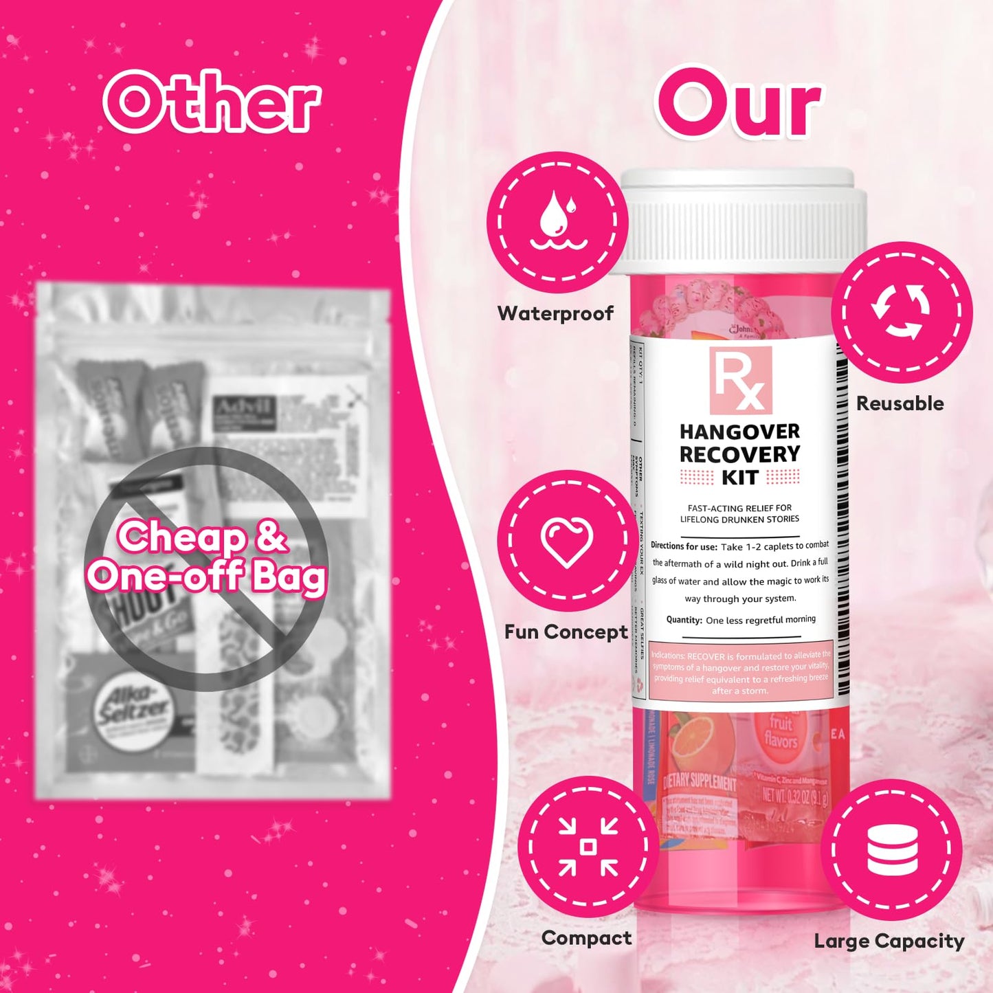 Bachelorette Party Favors, 6 Pack Hangover Kit Pink Pill Bottles, Perfect Hangover Recovery Kit for Bride Emergency on Wedding Day, Girls Night Out, 21st Birthday Party Supplies