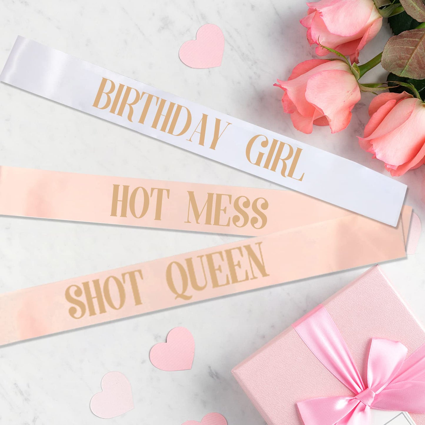 ANGREEL 12Pcs Birthday Sashes for Girls Women, 1pcs White Birthday Girl Sash + 11pcs Rose Gold Satin Party Sashes Set for Birthday Party Gifts Decorations Favors Women Fun Party Supplies