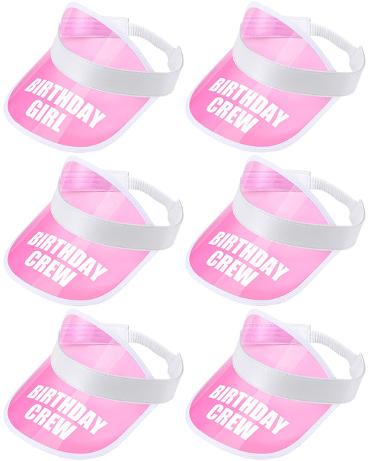 Jecery 6 Pack Girls Birthday Sun Visors Women Birthday Squad Hats Plastic Clear Visor Beach Tennis Cap Golf Headwear for Birthday Crew Party Favors, Pink