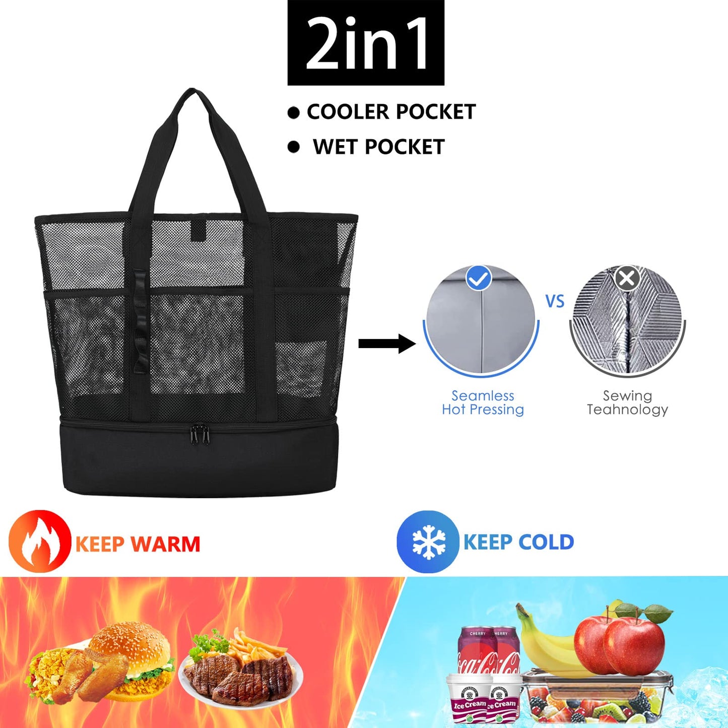 UYLIA Beach Bag with Cooler,Mesh Beach Bags for Women Sandproof for Pool and Swimming Travel Daily with Durable 8 Pocket