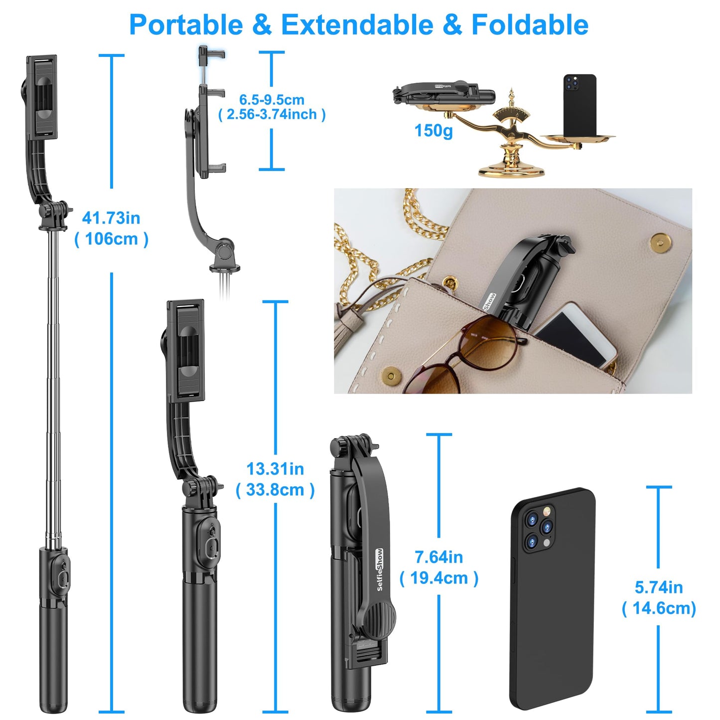 SelfieShow Selfie Stick, Extendable Selfie Stick Tripod with Wireless Remote and Tripod Stand, Portable, Lightweight, Compatible with iPhone 15 14 13 12 Pro Xs Max X 8Plus, Samsung Smartphone and More